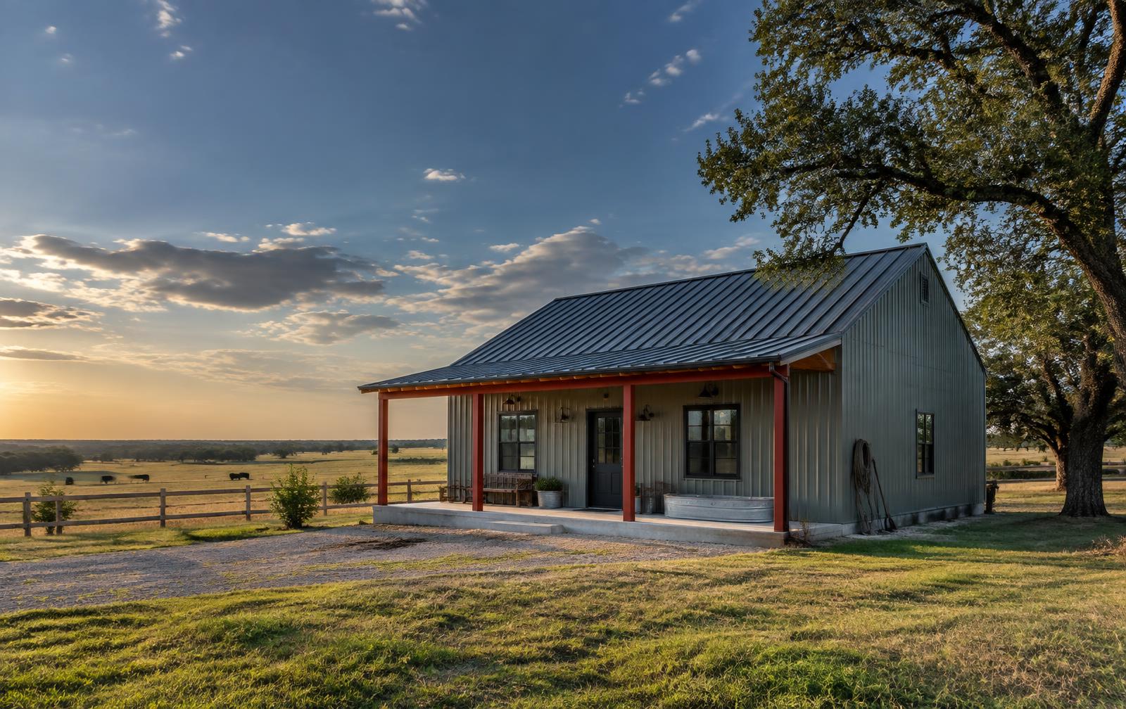 Whit-Tom metal porch shed on open ranch land