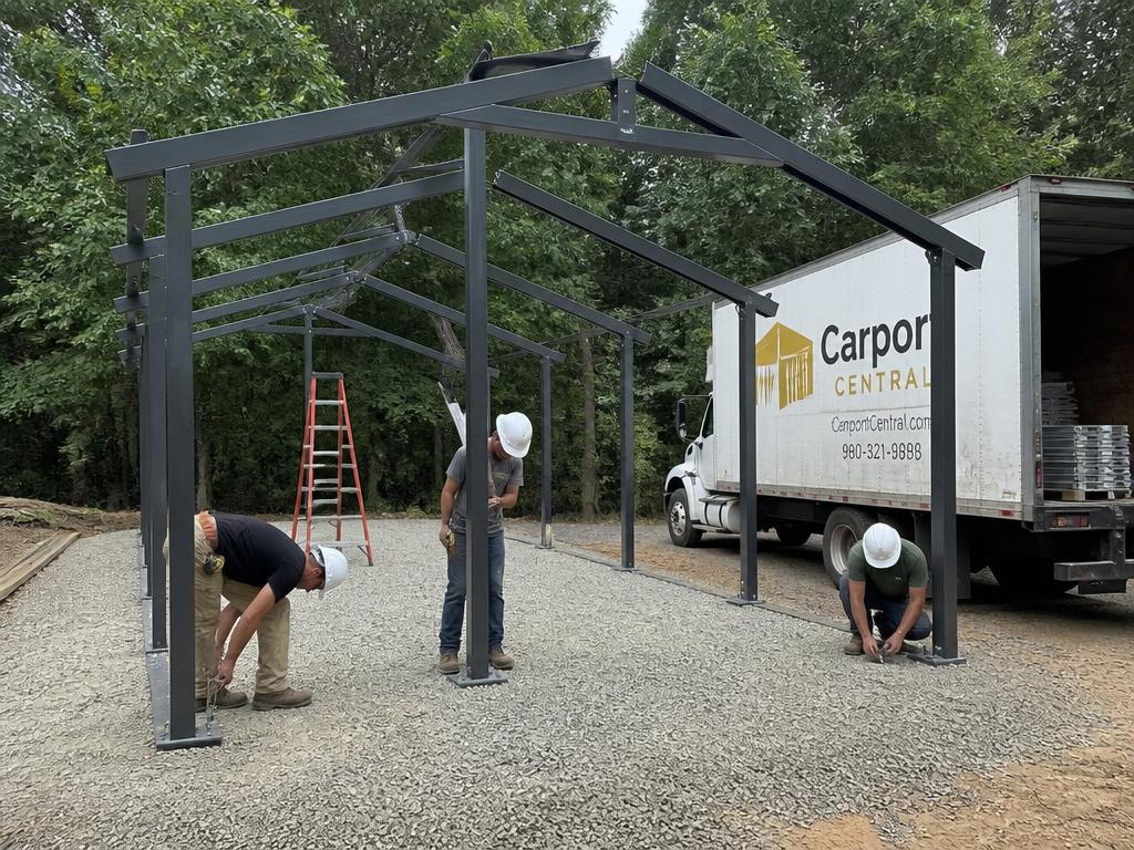 Crew preparing a site for metal shed delivery