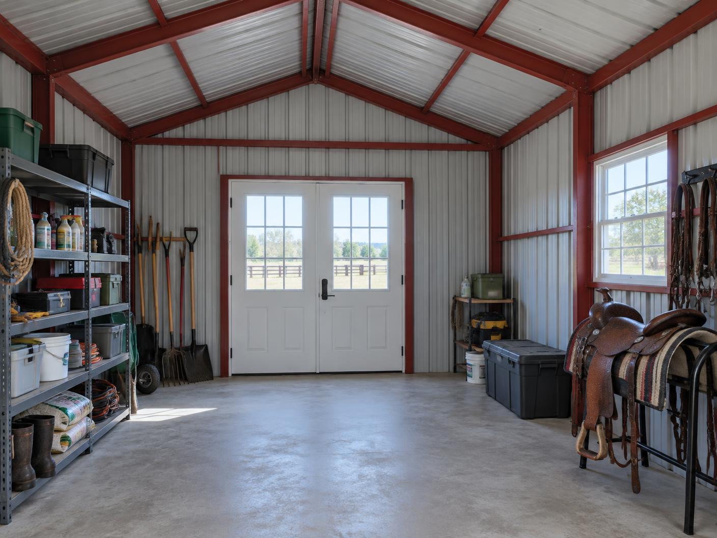 Inside a Whit-Tom metal building: pitched roof, red-iron steel frame and metal wall panels